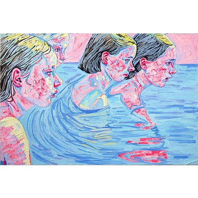 prompt: a group of teenage girls swimming in the water